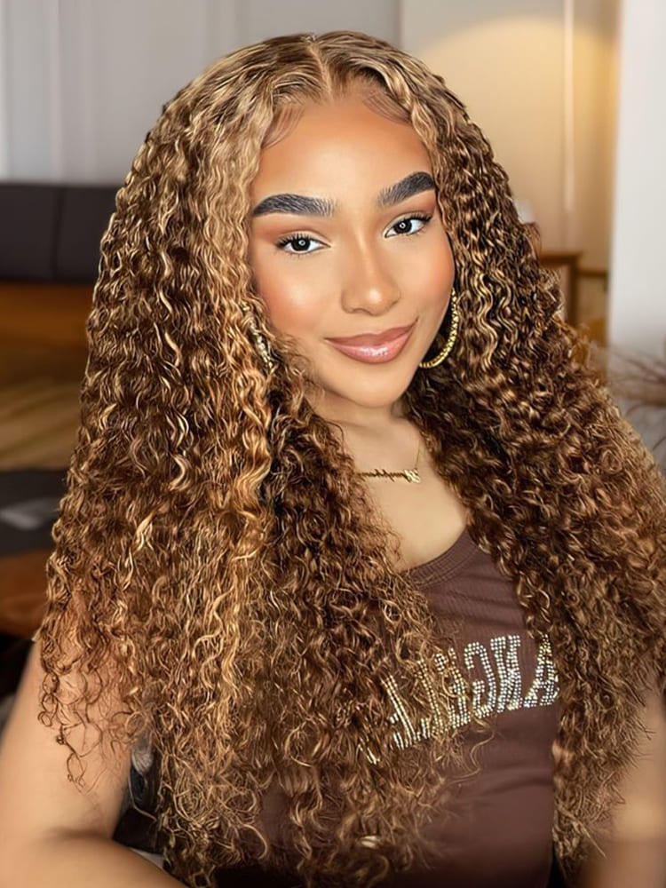 Brown Curly 13x4 Lace Frontal Wig With Highlights