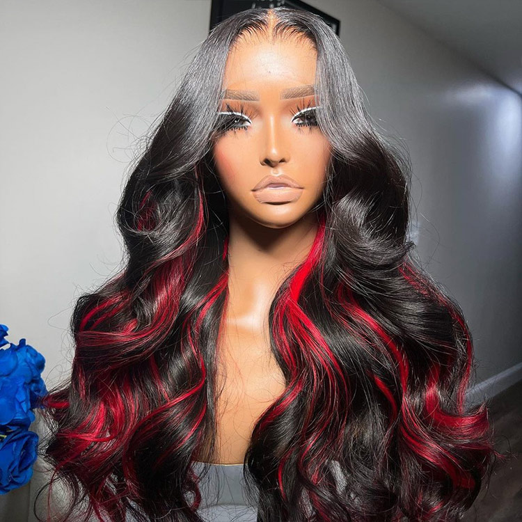 black hair with bright red highlights