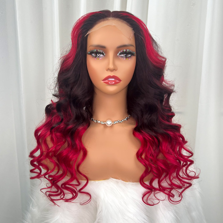 Black Wig With Burgundy Highlights