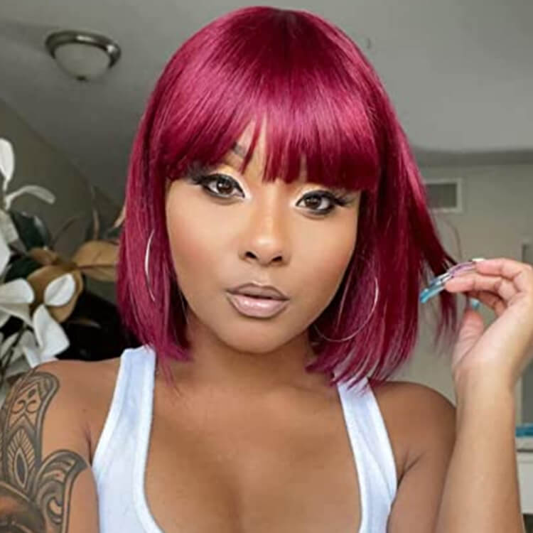 burgundy bob wig with bangs