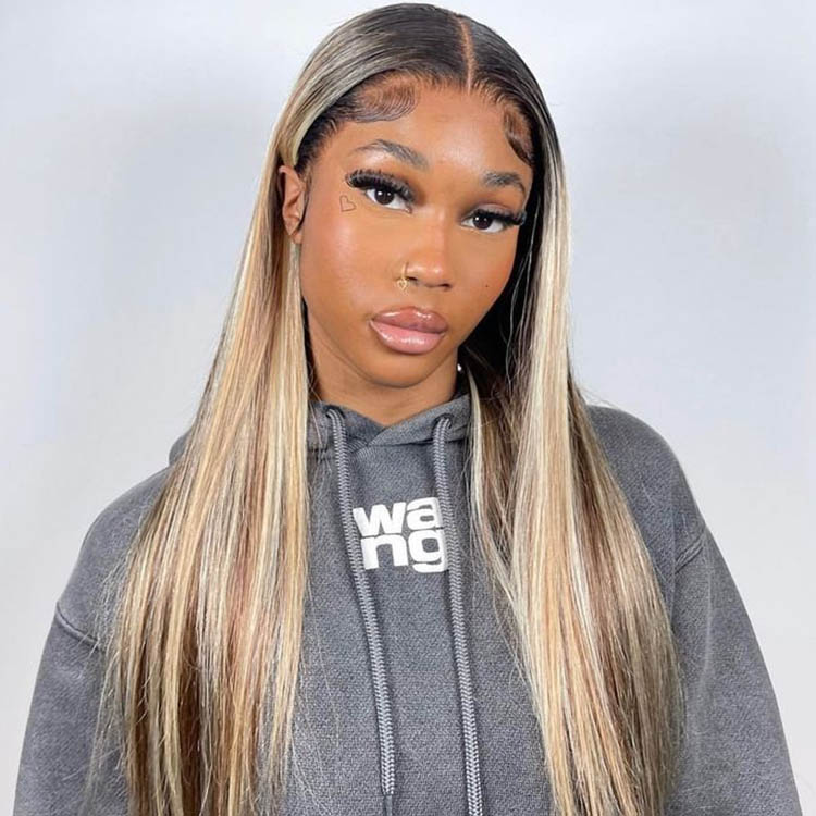 Brown Blonde Highlights Hair With Black Roots