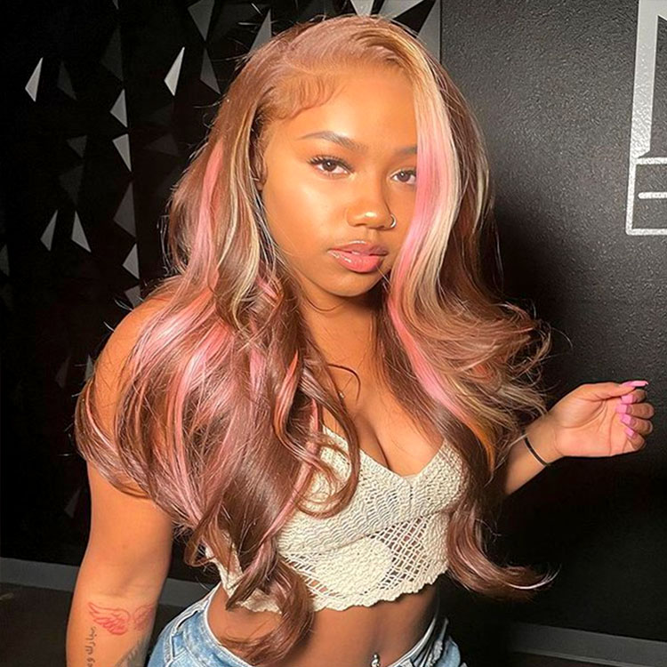 Brown Wig With Pink Highlights