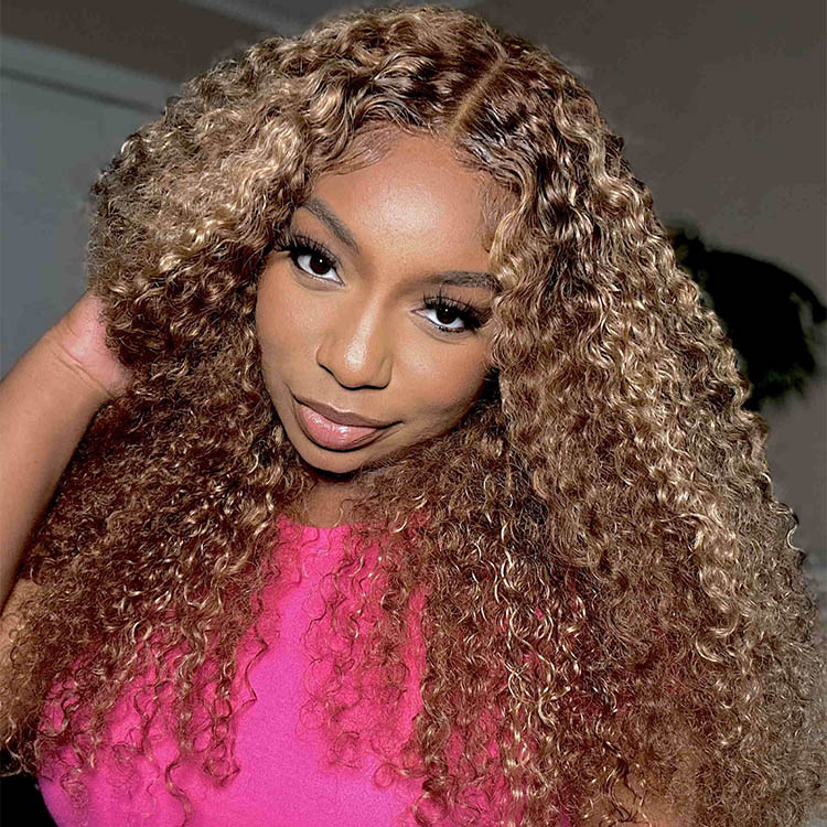 curly brown wig with blonde highlights