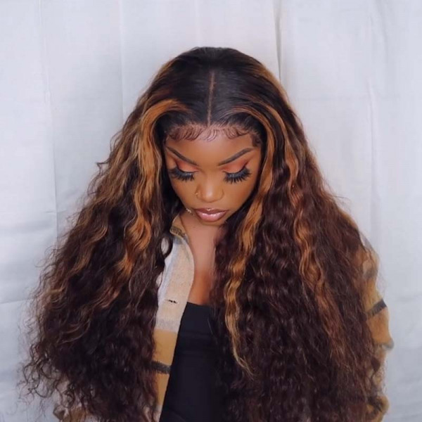 Loose Deep Wave Highlight Wigs Human Hair Colored Transparent Lace Front  Wigs -Wigginshair