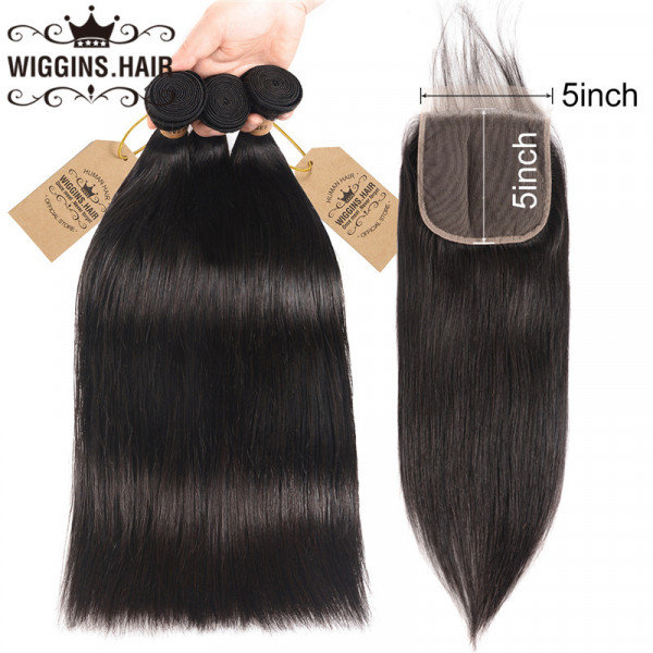 Straight Hair 3pcs With 5*5 Closure Human Hair Swiss Lace Closure 10-20  Inch -Wigginshair