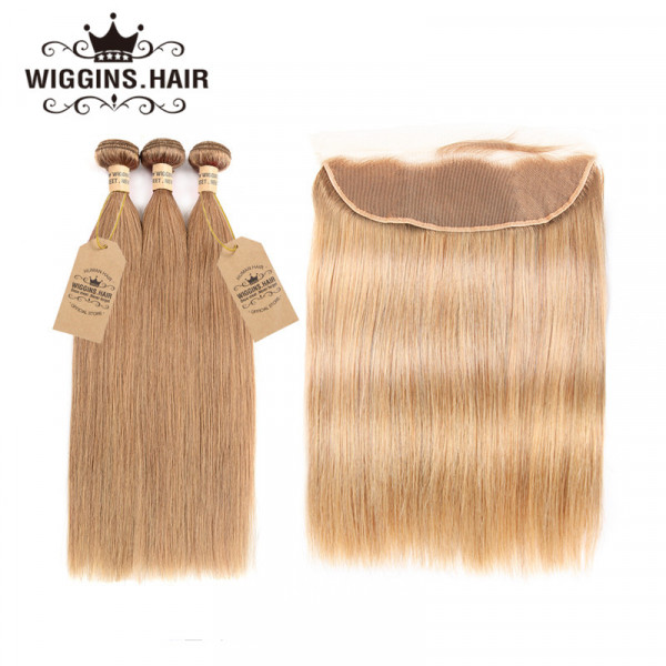 27 Brazilian Straight Hair 3 Bundles Honey Blonde With Lace Frontal - Wigginshair