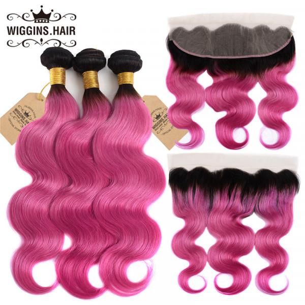 Body Wave Weave 3 Bundles With Lace Frontal 1B/Pink Ombre Color Hair  -Wigginshair