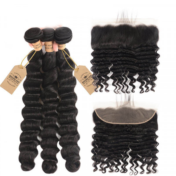 Loose Deep Wave Virgin Hair 3 Bundles With Lace Frontal Closure 13x4  Wholesale WIGGINS HAIR Human Hair Weave -Wigginshair
