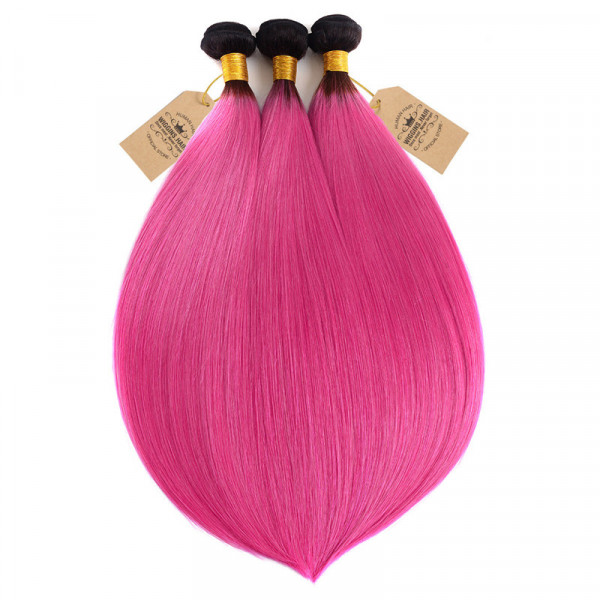 Human Virgin Straight Hair 1B/Pink Color 3 Bundles With Lace Closure ...