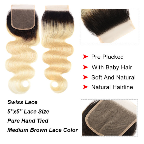Ombre Color Human Virgin Hair 1B/613 Color Body Wave 3 PCS With Closure ...
