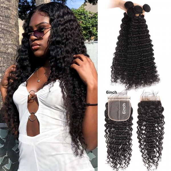 Deep Wave Bundles With Closure 4pcs With 6*6 Lace Closure Free/Middle/Three  Part -Wigginshair