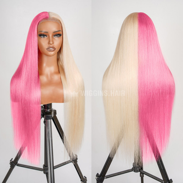 Split Dyed 13x6 Lace Front Wig Straight Half Blonde Half Pink Human ...
