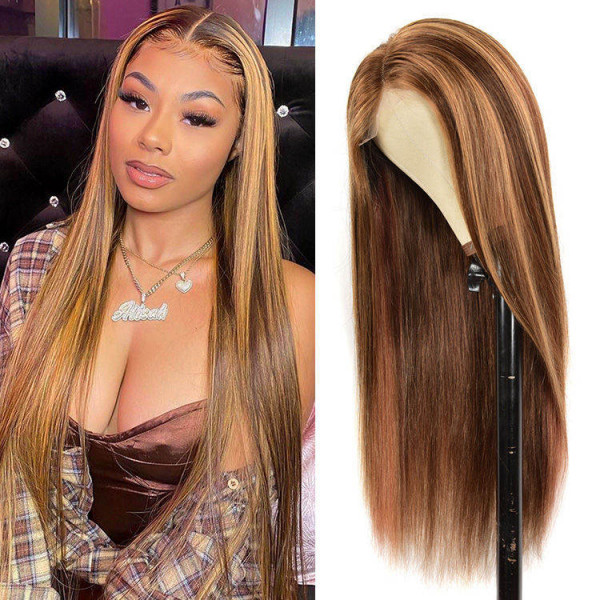 P4/33/27 Highlight Lace Front Wigs Human Hair Brown Wigs With Honey Blonde  Highlights -Wigginshair