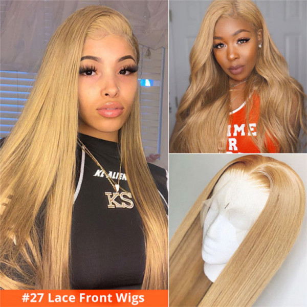 Colored Wigs #27 Honey Blonde Wigs Human Hair Lace Front Wigs Glueless Wig  -Wigginshair