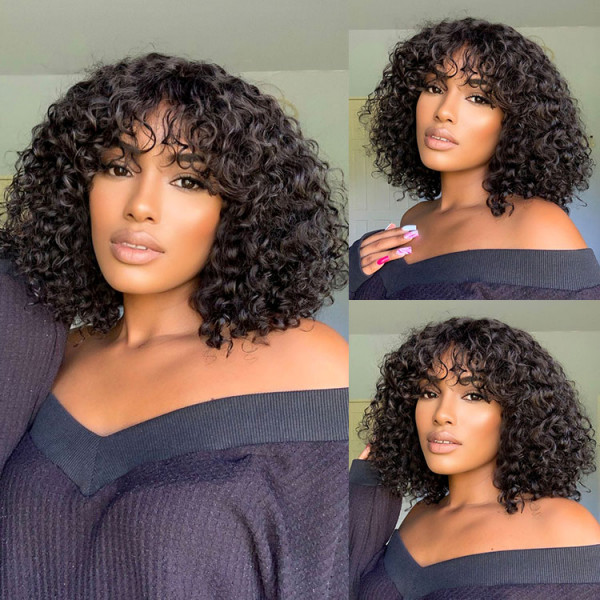 Short Curly Bob Wigs With Bangs Human Hair Wig With Fringe -Wigginshair