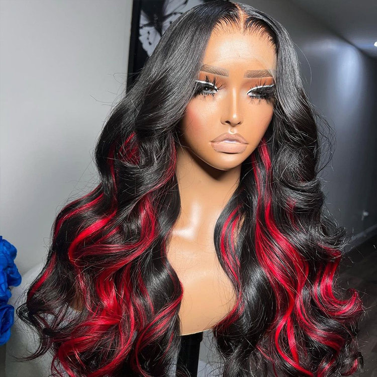 Red Highlights On Black Hair Body Wave Lace Front Wigs - Wiggins Hair ...