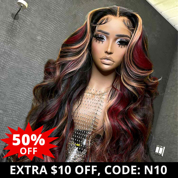Red Wig With Blonde Highlights 13x4 Lace Front Wig Wiggins Hair