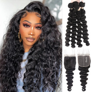 loose deep wave 4 bundles with closure 6x6