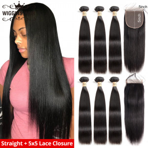 Straight Hair 3pcs With 5*5 Closure Human Hair Swiss Lace Closure 10-20 Inch