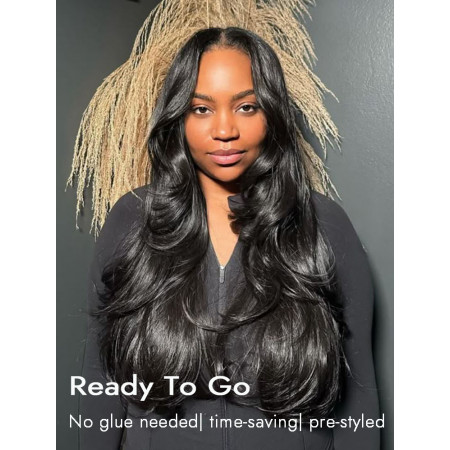 Ready & Go Curtain Bangs Wigs Layered Loose Wave Human Hair Glueless Pre-Cut 13x6 Lace Front Wigs