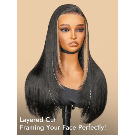Blonde Skunk Stripe Layered Cut Straight Ready To Go Lace Front Wig Side Part Human Hair