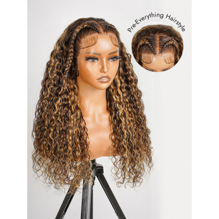 P4/27 Glueless Highlight Wig With Braids Water Wave Human Hair Pre-Cut LY Lace Ready To Go Wigs