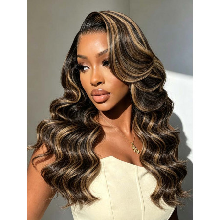 Curtain Bangs Copper Orange & Brown & Highlight Body Wave 6x8 Lace Ready To Go Wigs