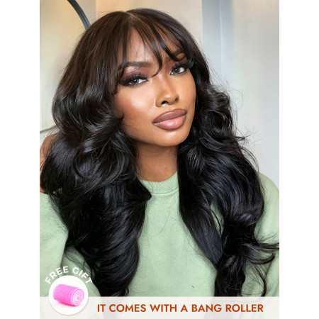 Long Natural Wavy Airy Bangs Human Hair Glueless 5x5 Lace Closure Wigs-Ready And Go Wig