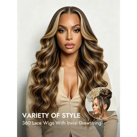 360 Lace Front Glueless Wigs With Invisible Drawstring Highlight Body Wave