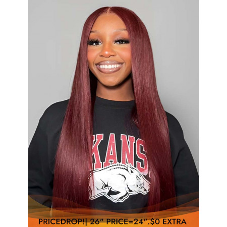 Cherry Cola Red Glueless Human Hair Wigs Straight Cherry Red Colored Hair-Ready & Go Wigs