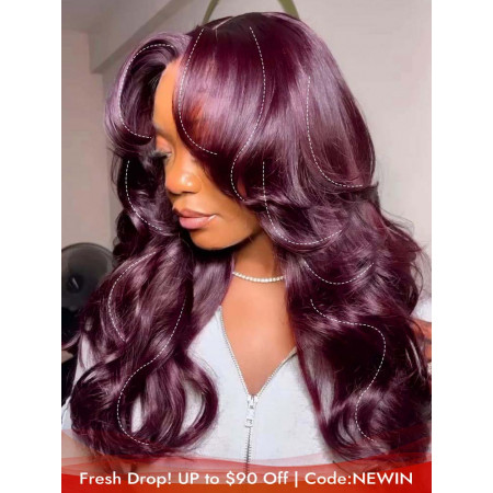 Black Cherry Loose Body Wave 5x7 Ready To Go Lace Closure Wigs With Face Framing Layers