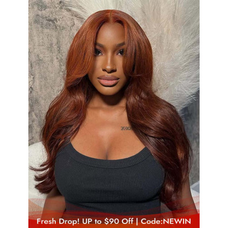 Copper Brown Layered Body Wave Curtain Bangs 5x5 Ready To Go Lace Closure Glueless Wig