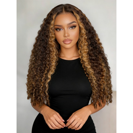 P4/27 Highlight Burmese Curly 5x7 Ready To Go Lace Closure Full Wigs With Finger Coiling Ends