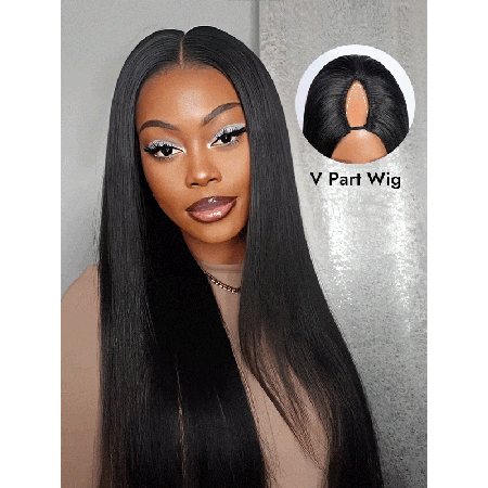 V Part Wigs with Drawstring Plus Anti-Slip Silicone Beginner Friendly Straight Human Hair