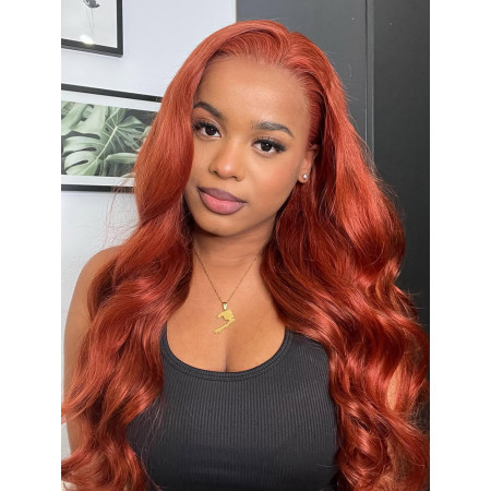 35 Bright Copper Orange Colored Human Hair Glueless Ready And Go Lace Wigs
