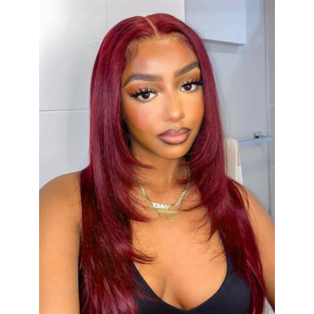  [limited Sale] 99J Burgundy Layered Straight  Closure Wigs Highlights Wig 180% Density Human Hair