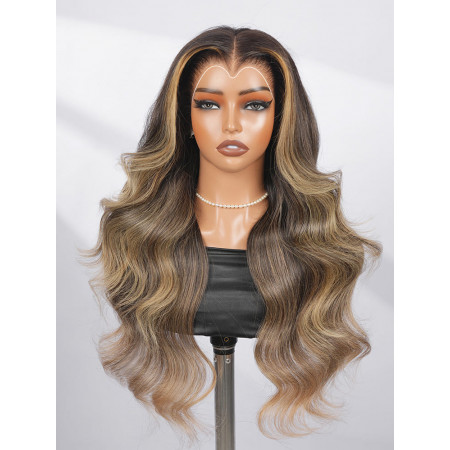 M-Shaped Hairline Skunk Stripe Highlight Body Wave 13x4 Lace Frontal Ready To Go Wigs