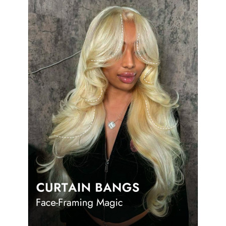 Stylish 613 Blonde Layered Curtain Bangs Body Wave 5x7 Lace Front Ready To Go Wig
