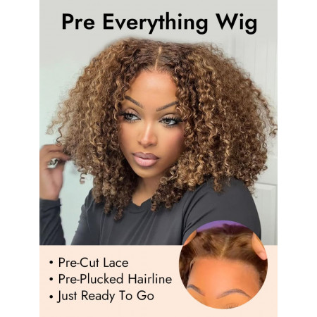 Ready To Go Highlight Brown Curly Wig Pre Cut Lace Front Wig Human Hair