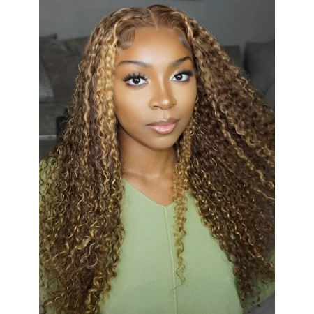 Ready And Go Wig-Curly Brown Hair With Blonde Highlights Pre-Cut LY 5x5 Closure Wig For Sale