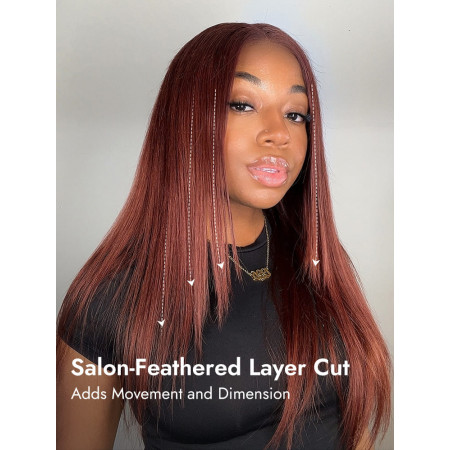 Full Density Reddish Brown Layered Cut Straight 5x7 Ready To Go Lace Closure Wig