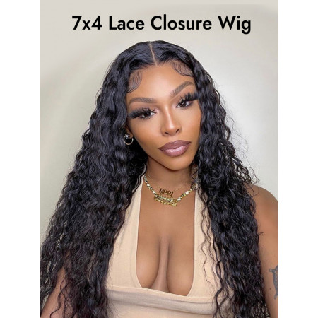 [Limited Sale] Water Wave 7x4 Pre Cut Lace Closure Ready And Go Human Hair Wigs 