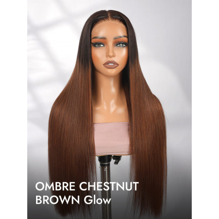 Silky Straight Chestnut Brown Ombre 5x5 Lace Closure Ready To Go Wigs 250% Density