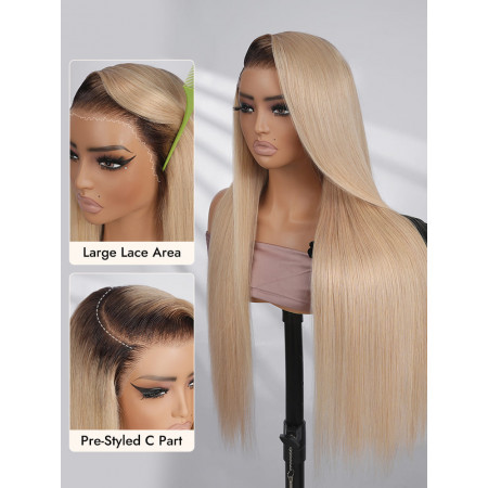 Blonde Ombre With Dark Roots Silky Straight 13x6 Lace Frontal Ready To Go Wig