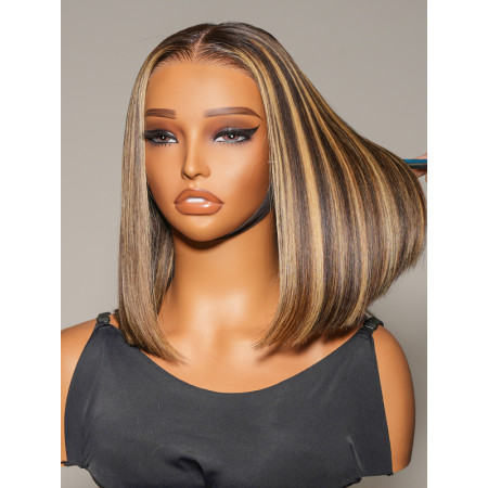 Short Blonde Highlight Bob Wig Human Hair Glueless Straight 7x5 Ombre Colored Lace Front Wig