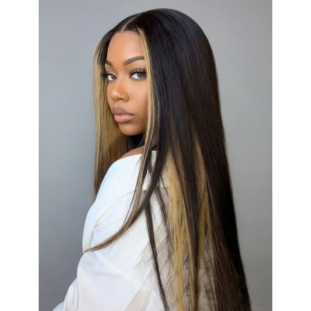 Black Hair With Peekaboo Highlights Light Yaki Straight 6x8 Ready To Go Lace Wig