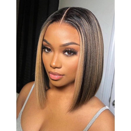 Foil Highlights Bob Haircut Ready to Wear Glueless Human Hair Wigs 180% Density