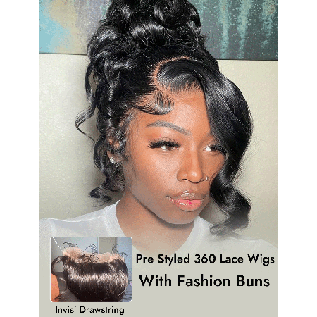 Invisi Drawstring Pre Styled 360 Lace Glueless Ready And Go Human Hair Wig With Side Bangs