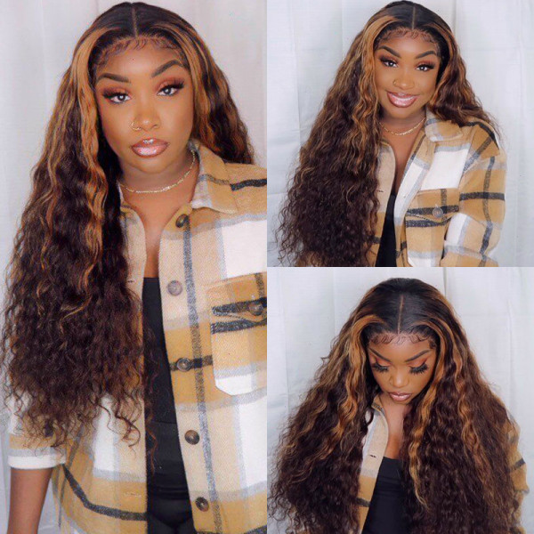 Loose Deep Wave Highlight Wigs Human Hair Colored Transparent Lace Front Wigs