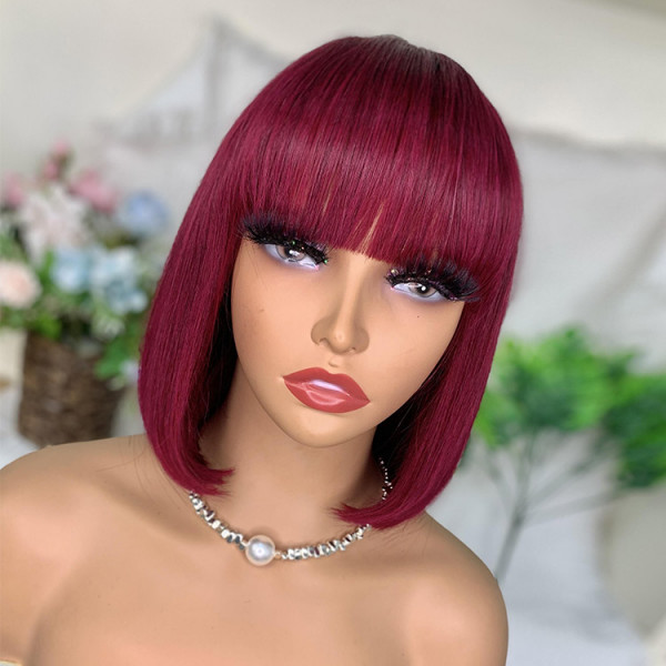 BOB屋 12 Inch Straight 99J Bob Wigs With Bangs Affordable Wigs